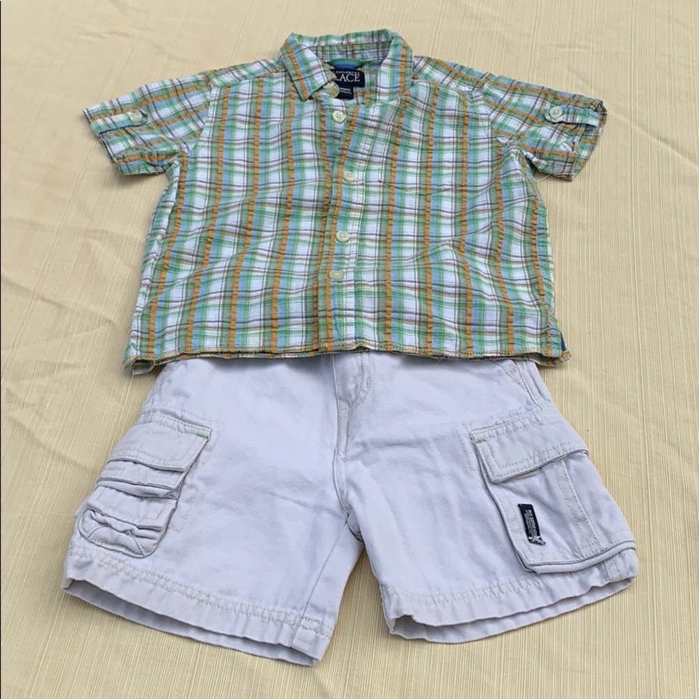 TCP Green plaid shirt/beige shorts set size 24 mth